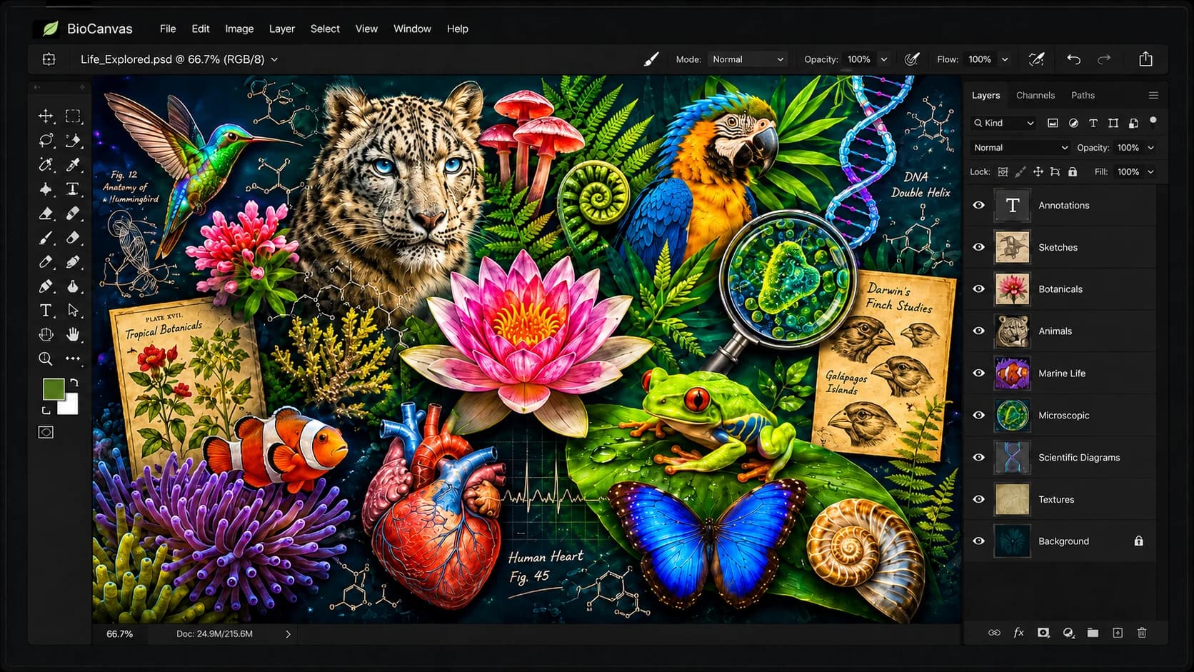 Biology learning world with living systems and discovery visuals