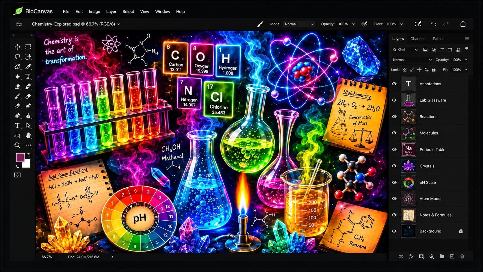 Chemistry learning world with matter and reaction visuals