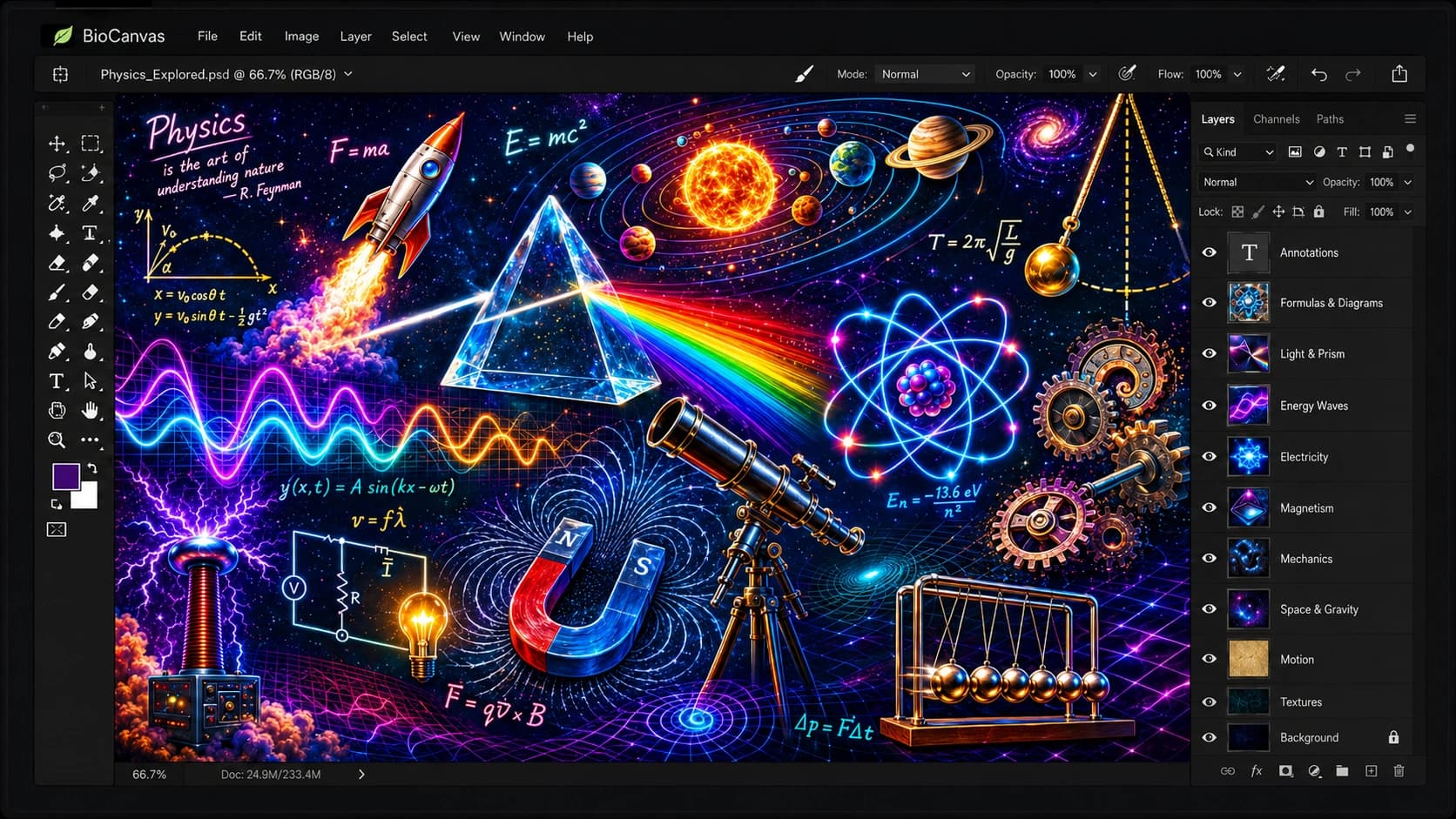 Physics learning world with motion and light visuals